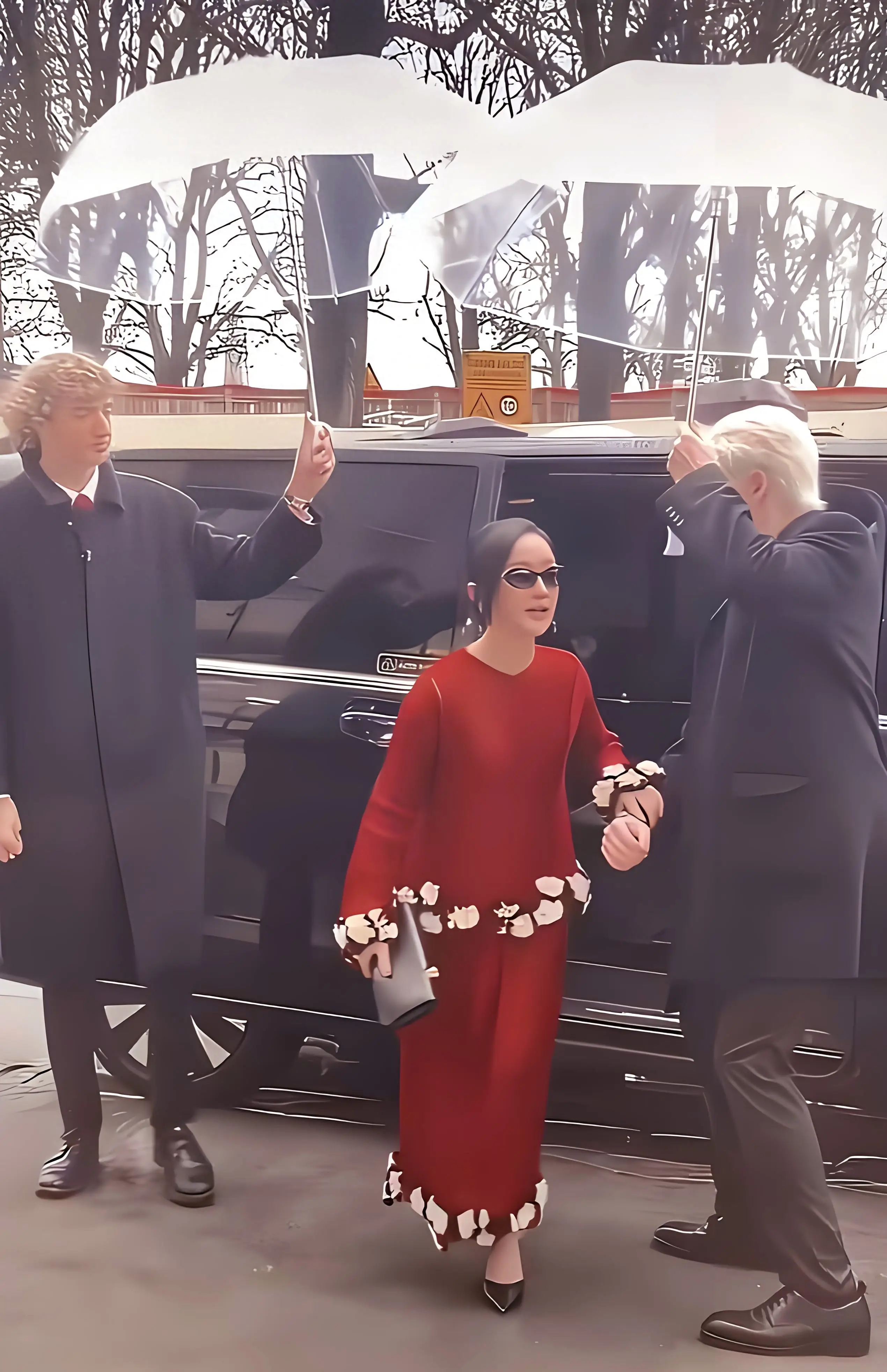 周迅参加巴黎时装周，两名白人壮汉为她撑伞！她对养老有规划  第1张